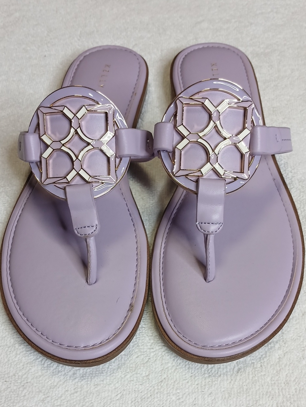 Kelly & Katie Lilac Thong Sandals with Gold Logo Medallion